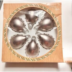 Krebs Pearl Frosted Teardrop Glass Ornaments Crown Top Set 6 Silver Vtg Unique!